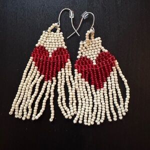 Handcrafted Red and Cream Beaded Heart Earrings